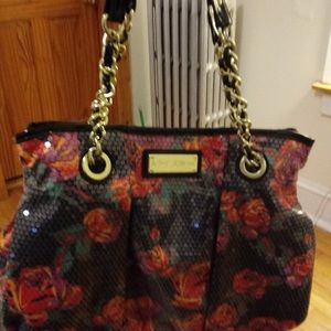 Colorful sequence hand bag with rose print